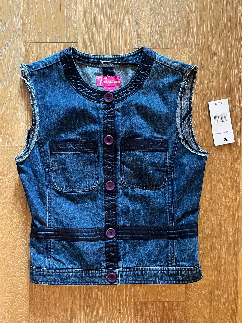Tradition Dark Blue Denim Sleeveless Vest with Purple Buttons new with tag